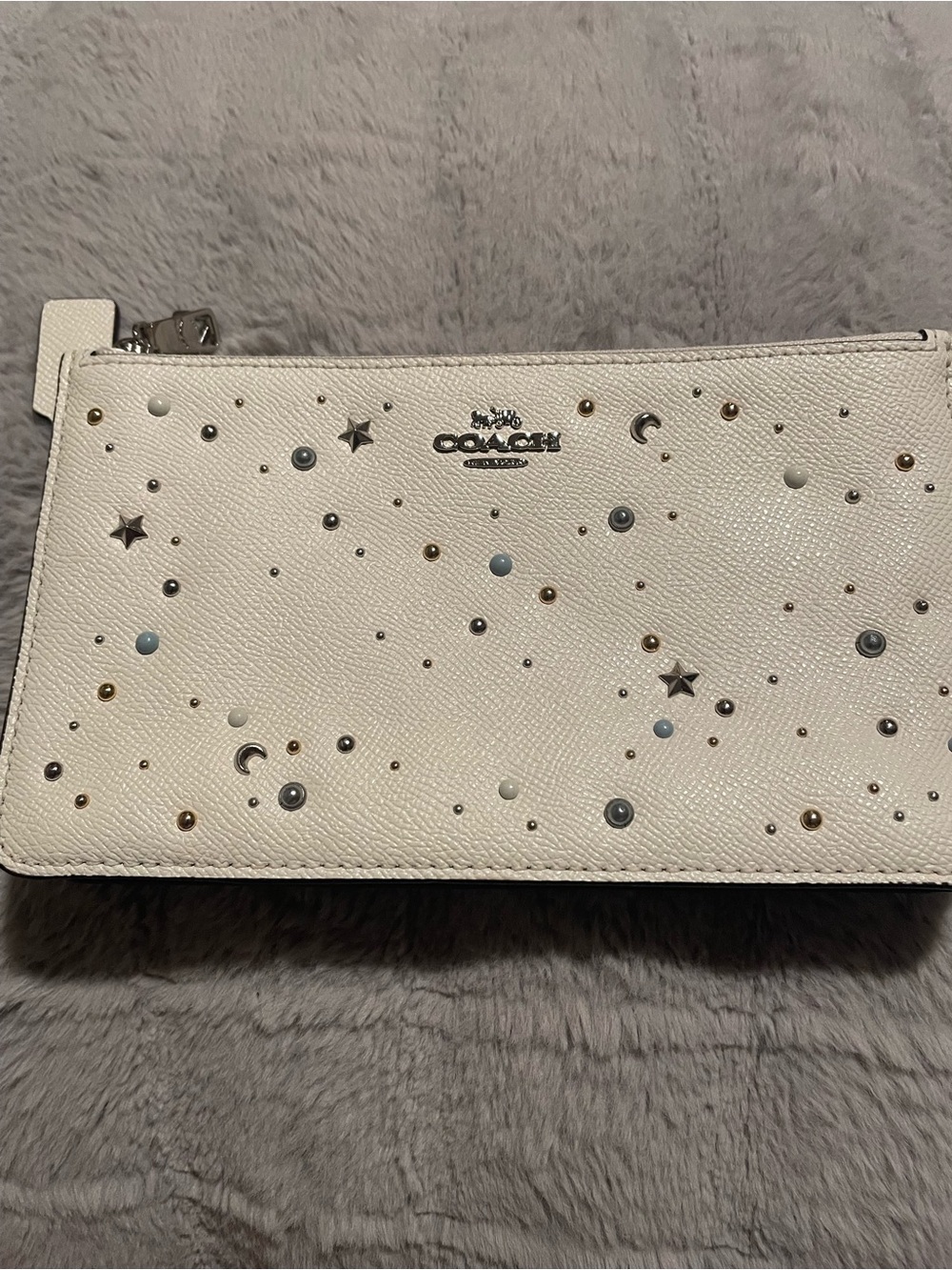 Coach Double Zip Large White Studded Star & Moon Leather Wristlet